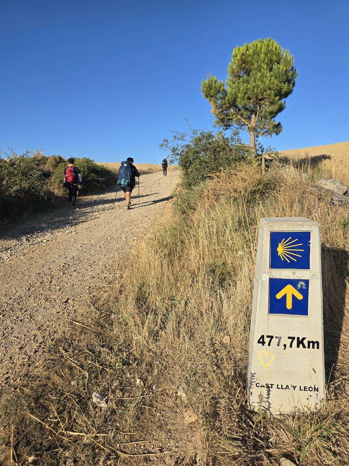 풀밭에 선 흰 콘크리트 표석. 파란 조가비와 노란 화살표가 그려져 있고 아래에 477.7Km 라고 적혀 있다. 뒤로 흙길과 걸어가는 순례자들이 보인다