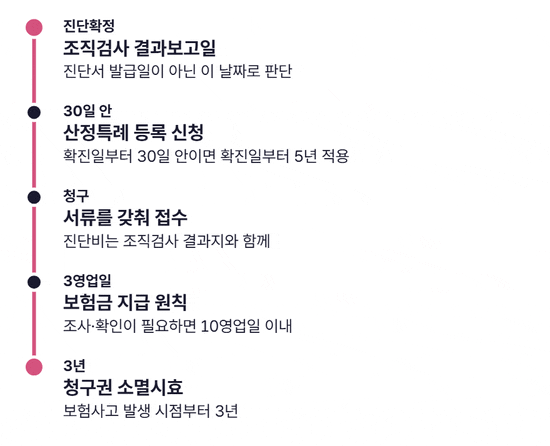 진단확정부터 보험금 청구권 소멸까지 다섯 단계가 차례로 켜지는 타임라인. 조직검사 결과보고일이 진단확정일, 확진일부터 30일 안 산정특례 등록, 청구 접수, 접수일부터 3영업일 이내 지급(조사 시 10영업일), 보험사고부터 3년이 지나면 청구권 소멸