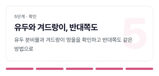 자가검진 다섯 단계가 한 장씩 넘어가는 카드 그림. 1 거울 앞에서 팔을 내리고 보기, 2 깍지 끼고 팔 올려 상체를 좌우 30도씩 돌리며 보기, 3 앉거나 서서 세 손가락 끝으로 겨드랑이부터 유두까지 원을 그리며 만지기, 4 누워서 만지기, 5 유두 분비물과 겨드랑이 멍울 확인 후 반대쪽도 같은 방법