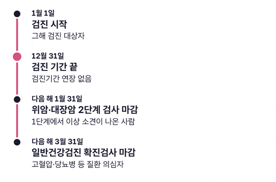 1월 1일 검진 시작, 12월 31일 검진 기간 종료(연장 없음), 다음 해 1월 31일 위암·대장암 2단계 검사 마감, 다음 해 3월 31일 일반건강검진 확진검사 마감이 차례로 켜지는 타임라인